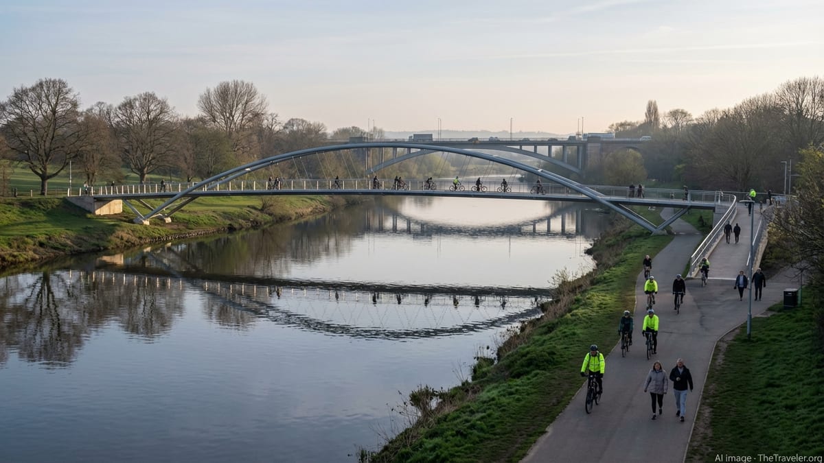 New pedestrian and cycle bridge over the River Trent near Clifton Bridge on a busy spring morning.