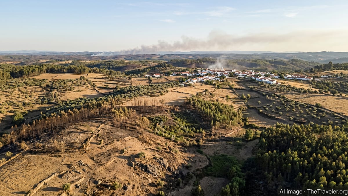 Aerial view of a dry Portuguese landscape with wildfire-scarred hills near a small village.