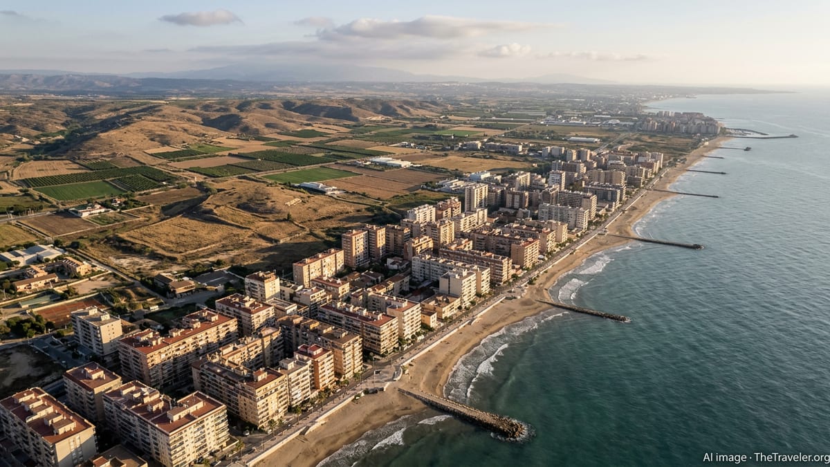 Aerial view of a Spanish Mediterranean coastal city with eroding beach and dry inland hills.