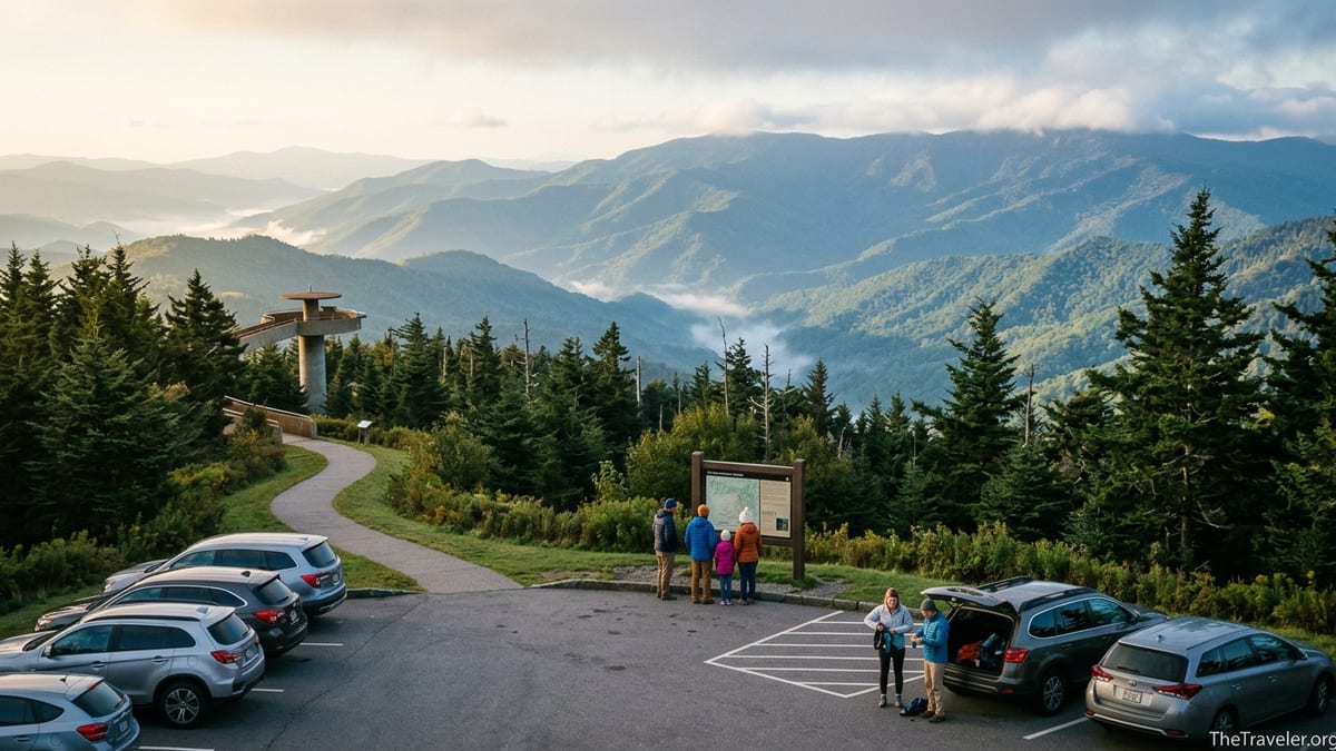 Early morning visitors layering up at Clingmans Dome parking area with misty Smoky Mountain ridges beyond.
