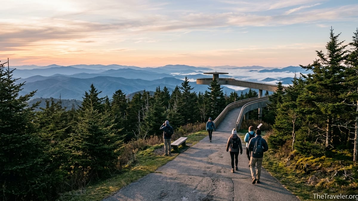 Hikers on the paved trail to Clingmans Dome at sunrise with Smoky Mountains ridges below.