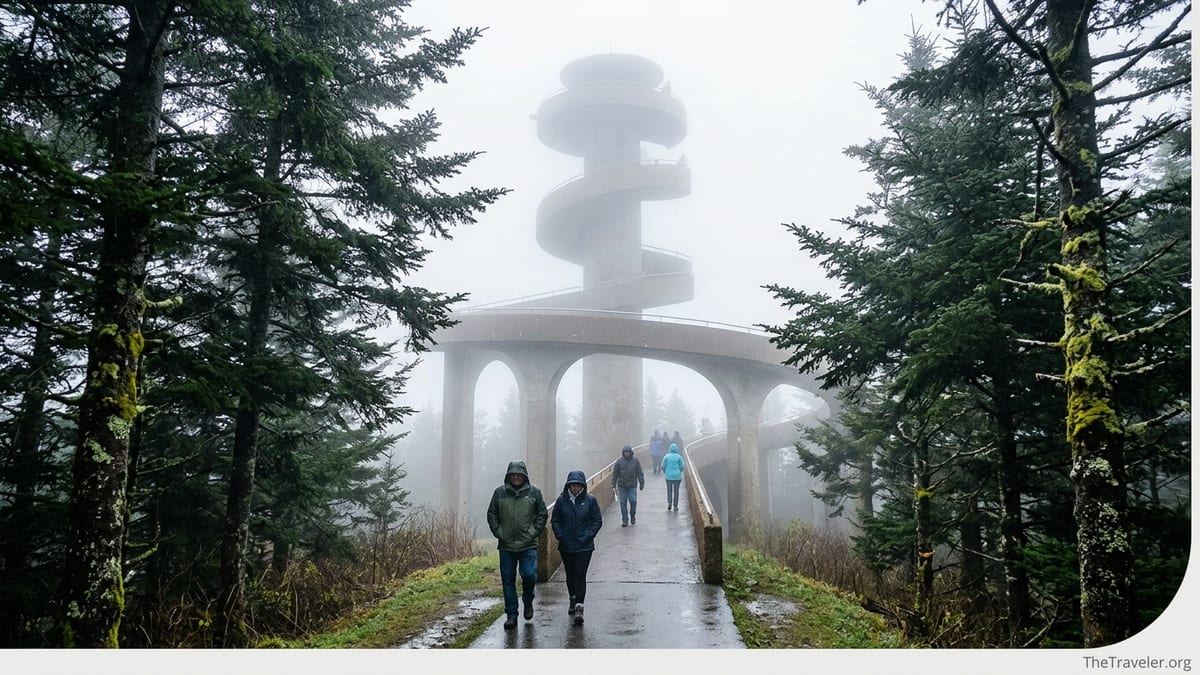 Foggy morning view of Clingmans Dome trail and tower with hikers and misty spruce trees.