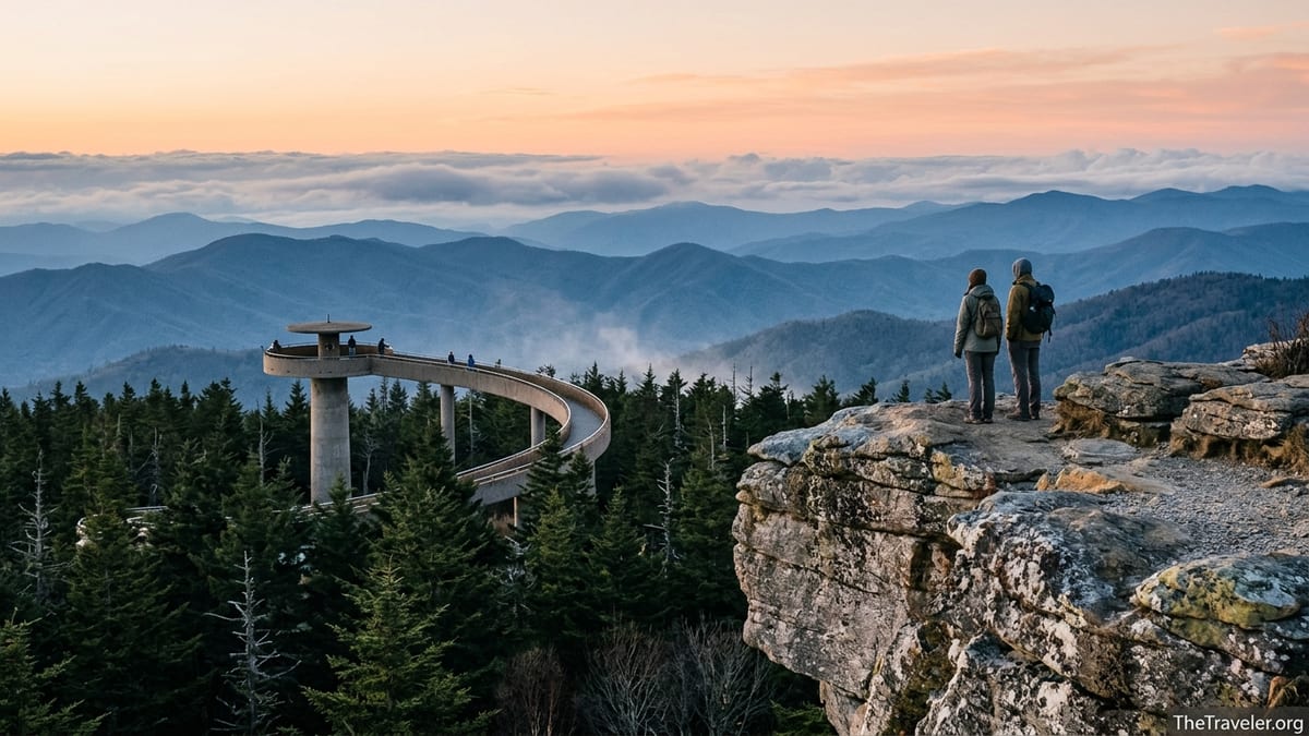 Layered Smoky Mountains ridges at sunrise with an observation tower and cliffside hikers.