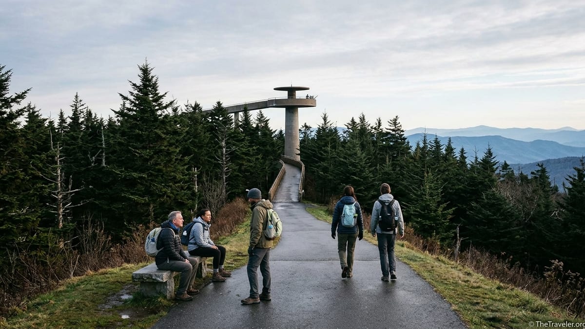 Visitors walking up the steep paved trail toward the Clingmans Dome observation tower in Great Smoky Mountains National Park.