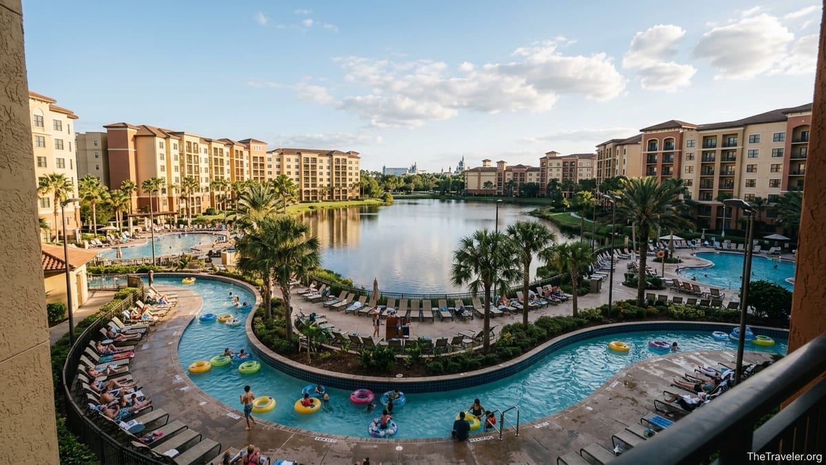 Aerial view of Club Wyndham Bonnet Creek lazy river and pools surrounded by condo towers near Walt Disney World.