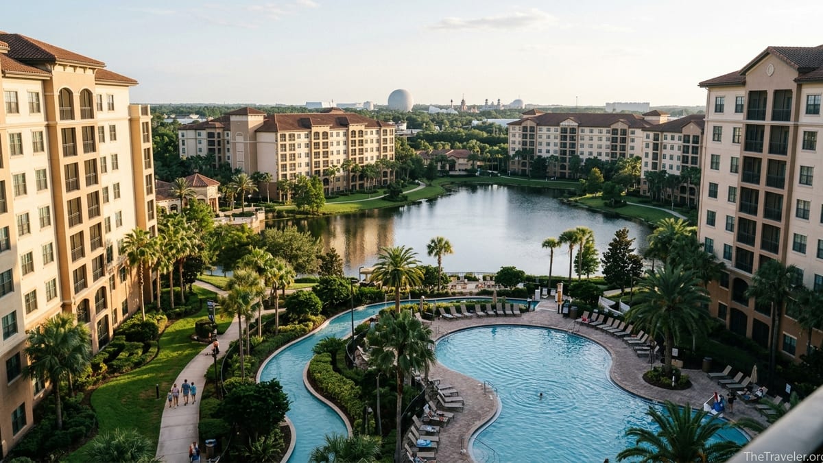 Aerial view of Club Wyndham Bonnet Creek resort with pools and Disney skyline in the distance.