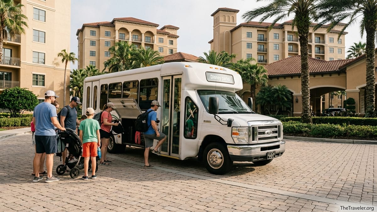Guests boarding a shuttle bus outside Club Wyndham Bonnet Creek near Walt Disney World.