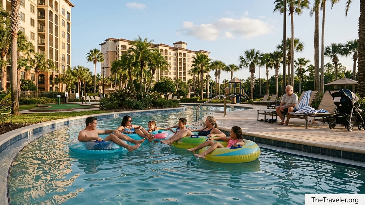 Family floating in a lazy river at Club Wyndham Bonnet Creek with resort towers and palm trees behind.