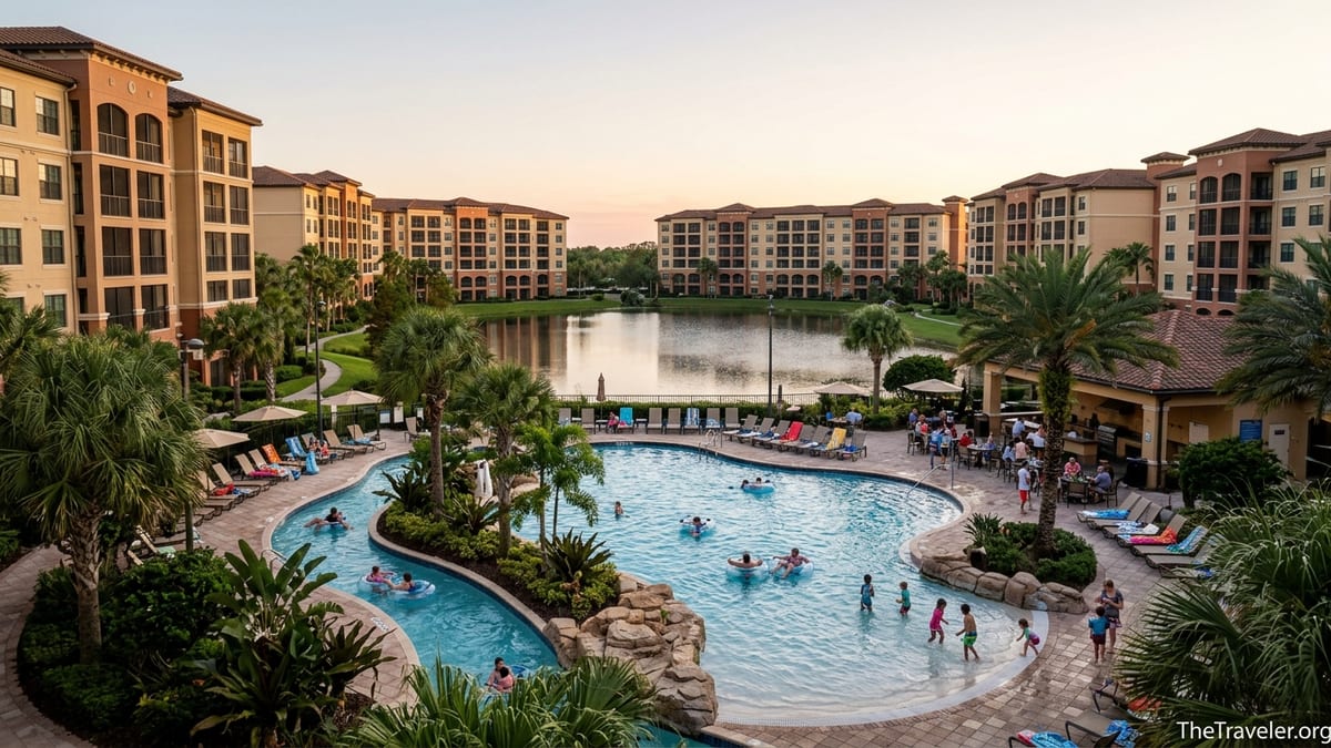 Club Wyndham Bonnet Creek condos and pool complex around a lake near Walt Disney World at sunset.