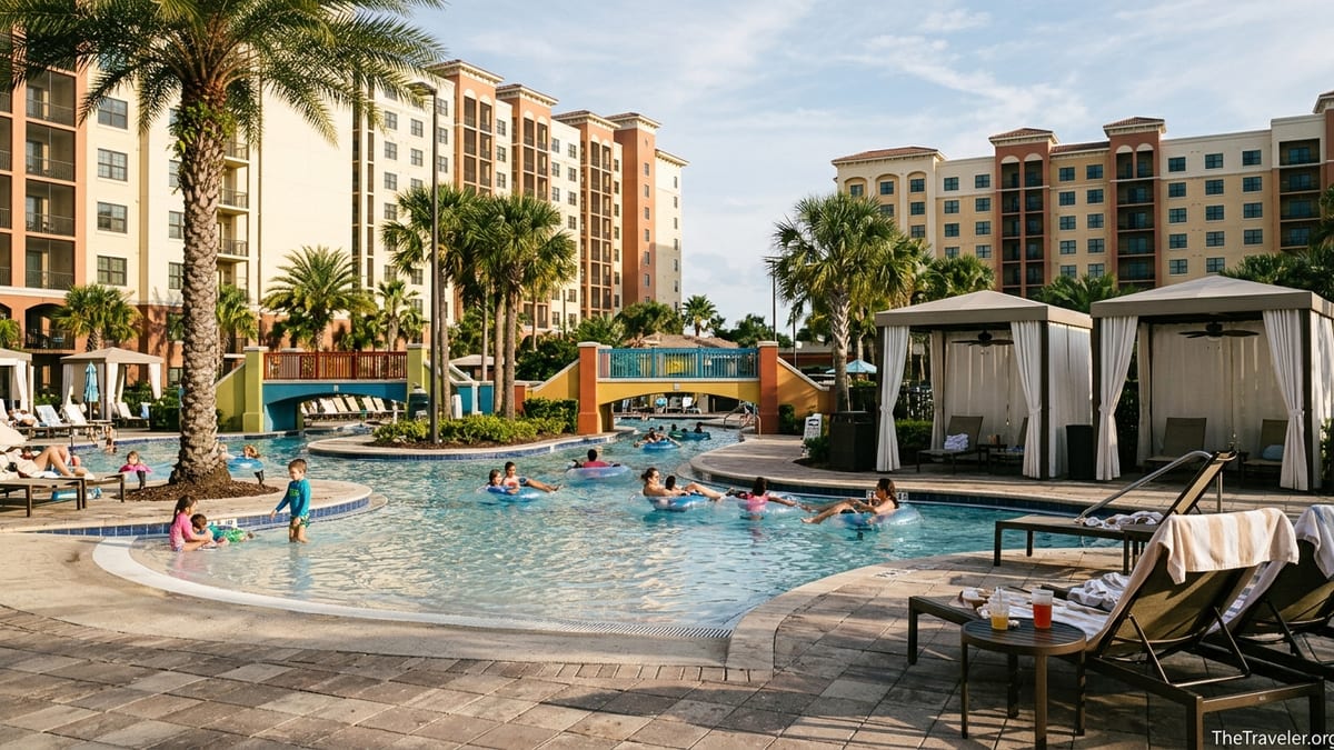 Pool and lazy river area at Club Wyndham Bonnet Creek with cabanas and condo towers on a sunny day.