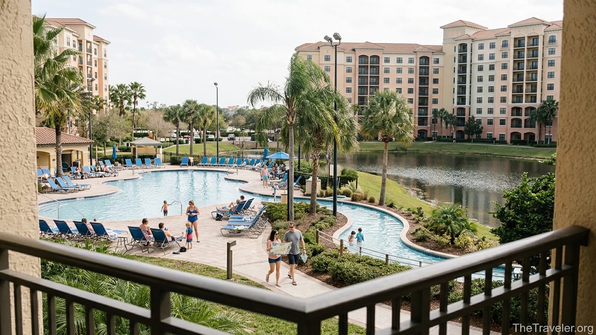 Pool, lake, and condo towers at Club Wyndham Bonnet Creek near Walt Disney World.