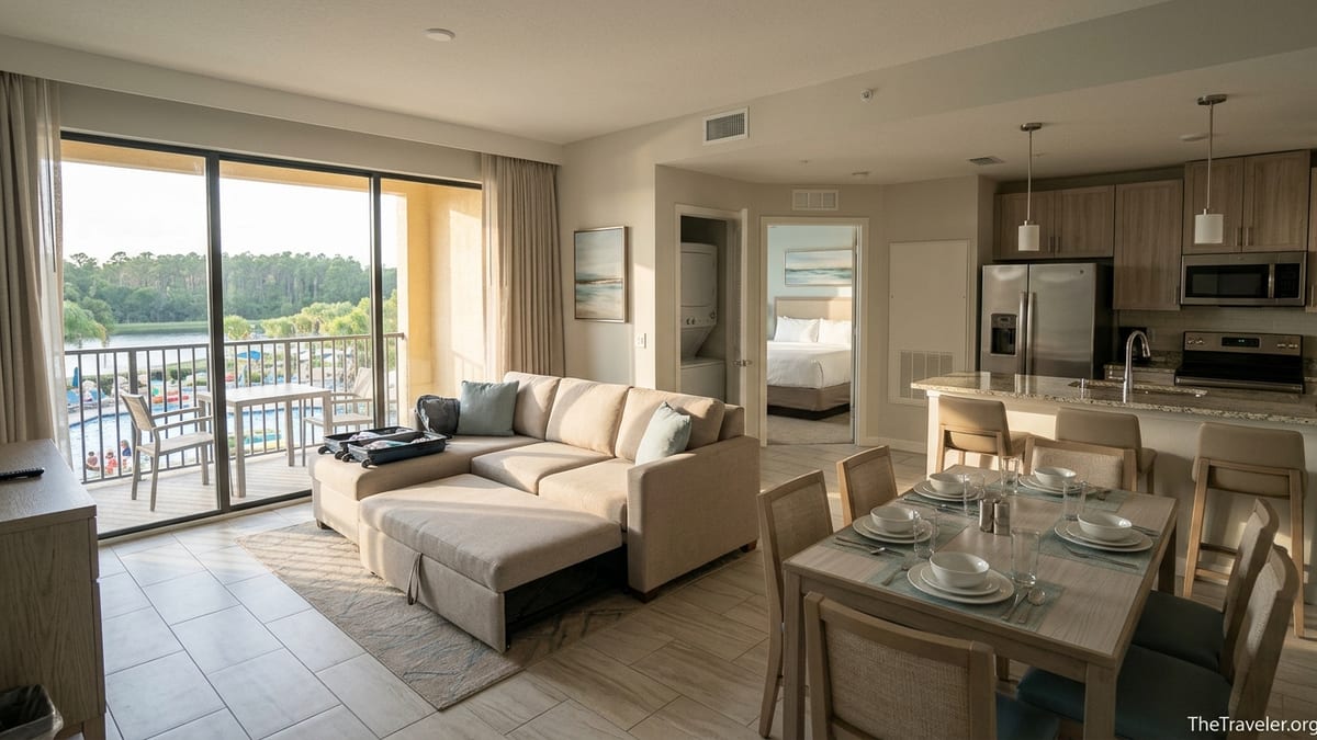 Spacious villa living room and kitchen at Club Wyndham Bonnet Creek with balcony overlooking pool and lagoon.