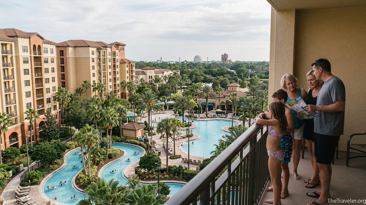 View over Club Wyndham Bonnet Creek pools toward the distant Disney World skyline.