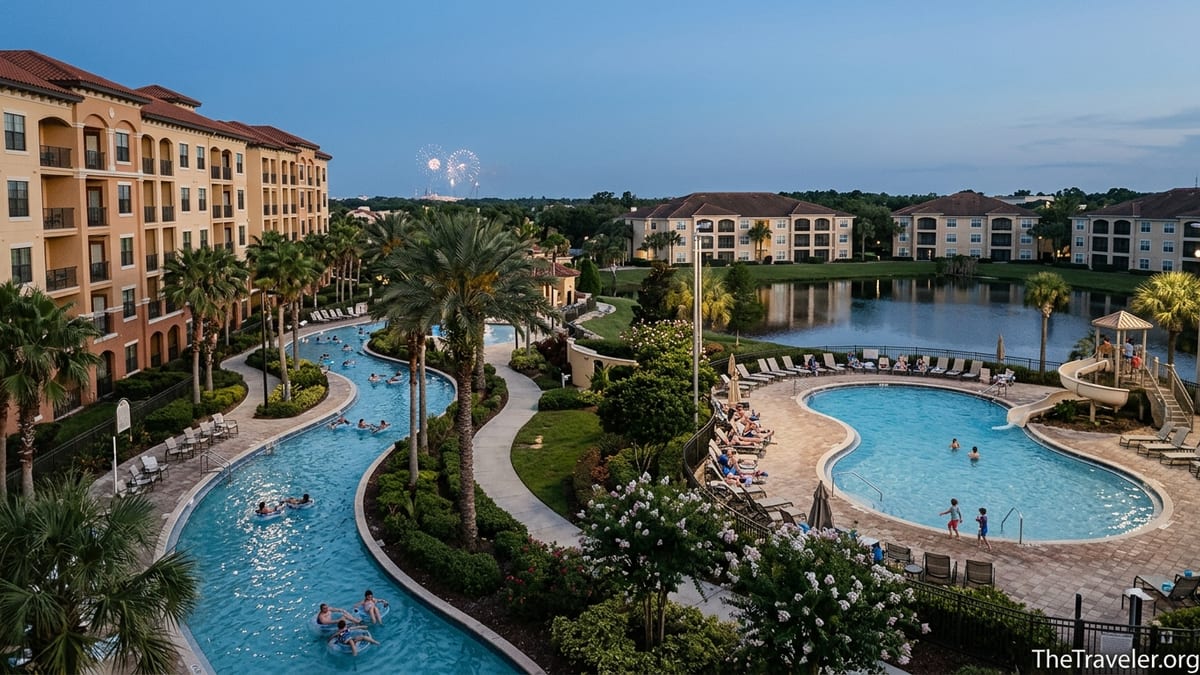 Orlando villa resorts with lazy river and lagoon pools at sunset near Walt Disney World.
