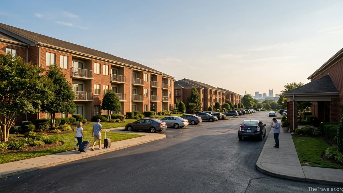 Club Wyndham Nashville exterior at golden hour with guests and cars in the Opryland area.