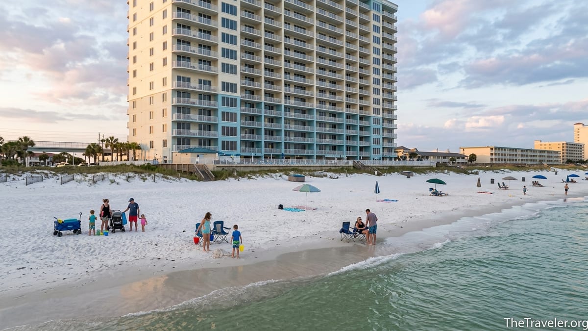 Families on the sand in front of Club Wyndham Panama City Beach at sunset.