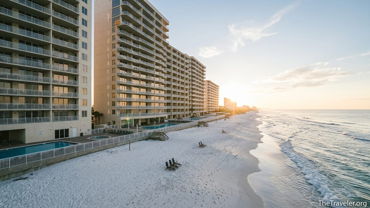 Club Wyndham Panama City Beach towers rising above white sand and pools at sunrise.