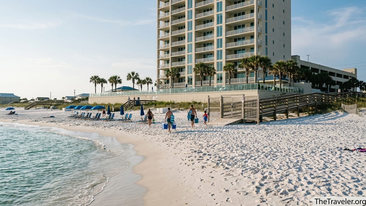 Beachfront view of Club Wyndham Panama City Beach with boardwalk, pool deck, and beach chairs on the Gulf.