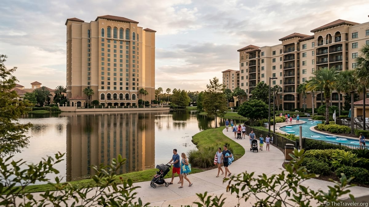 Bonnet Creek lakefront with Wyndham Grand hotel and Club Wyndham condo towers at sunset.