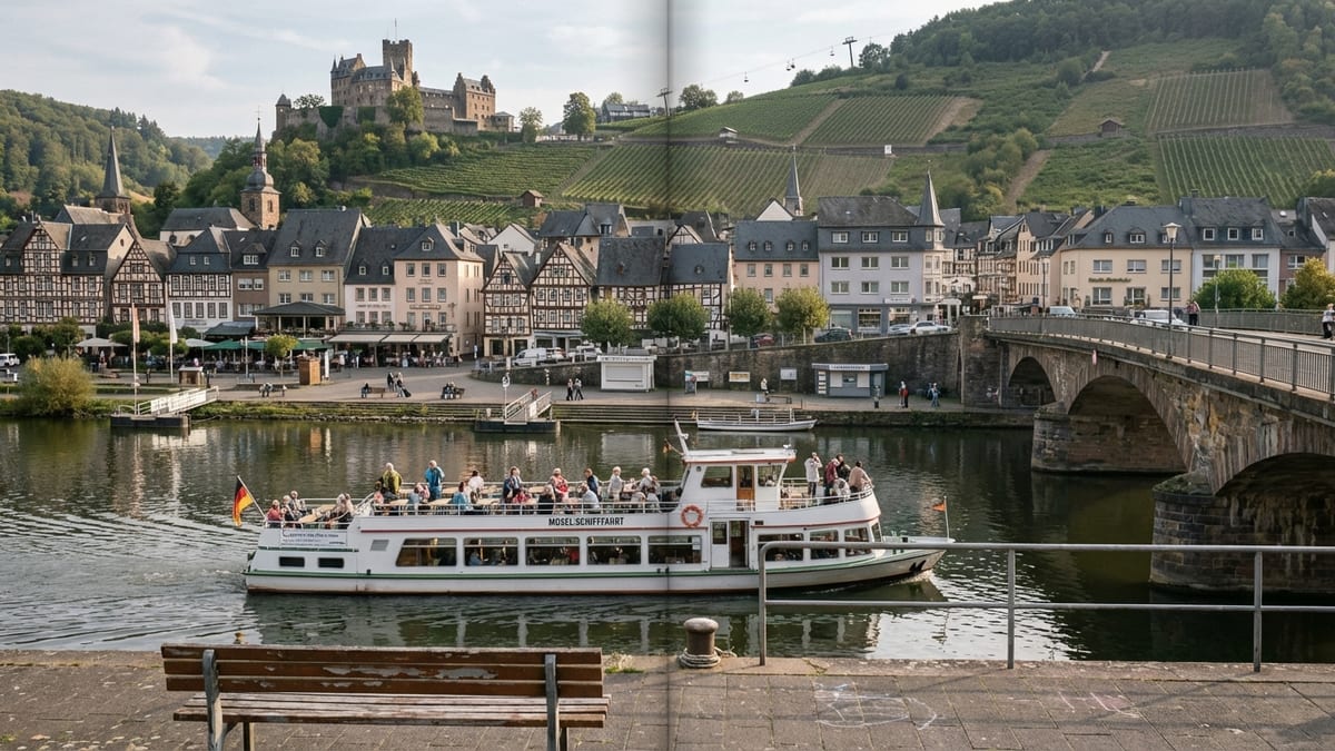 Candid afternoon view across the Moselle River toward Cochem's old town and castle.