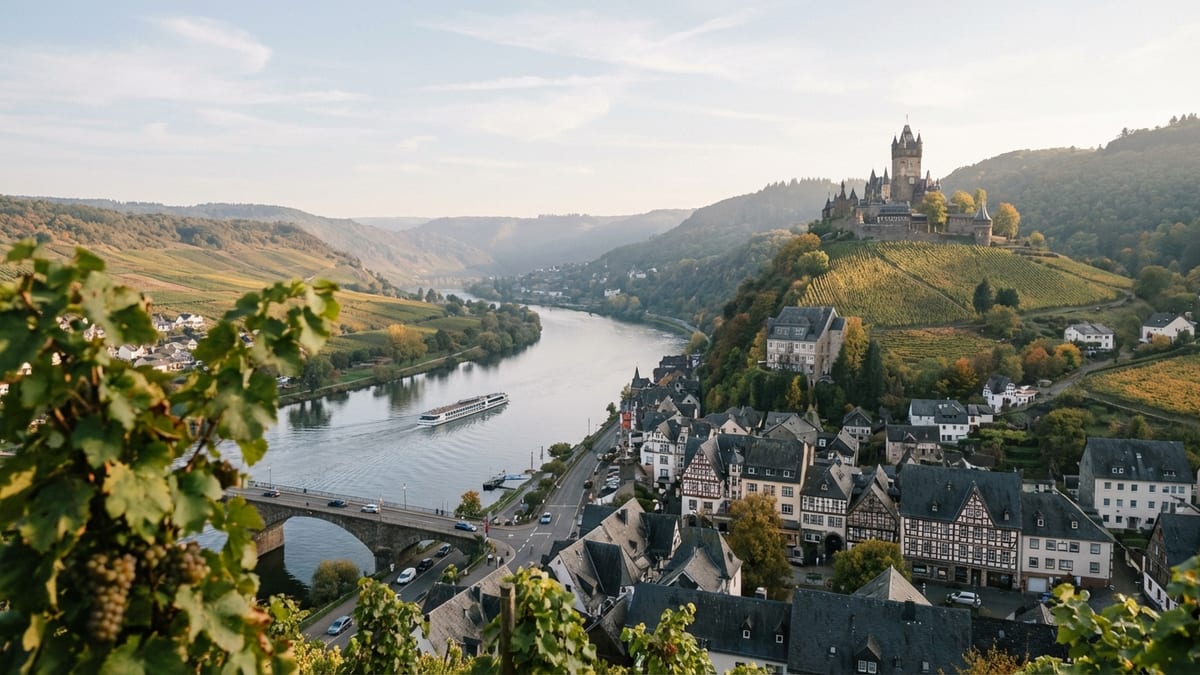 Elevated view of Cochem, Germany, featuring Reichsburg Castle, Mosel River, and vineyards in autumn. 