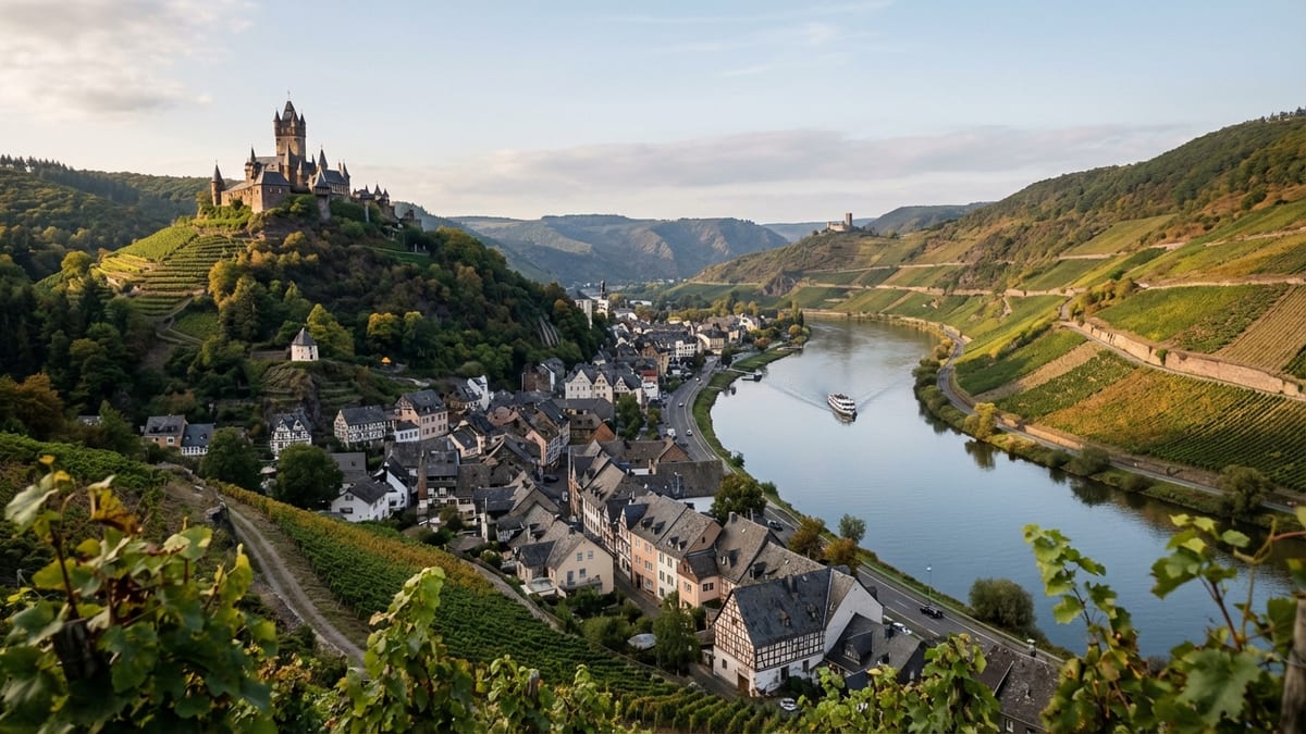 Elevated view of Cochem town, Reichsburg Castle, and Moselle River in autumn. 