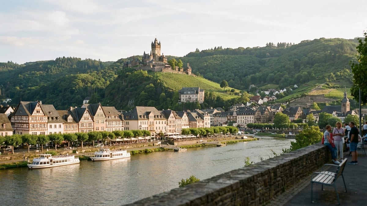 Late-afternoon view over Cochem town, Moselle river, and Reichsburg castle.