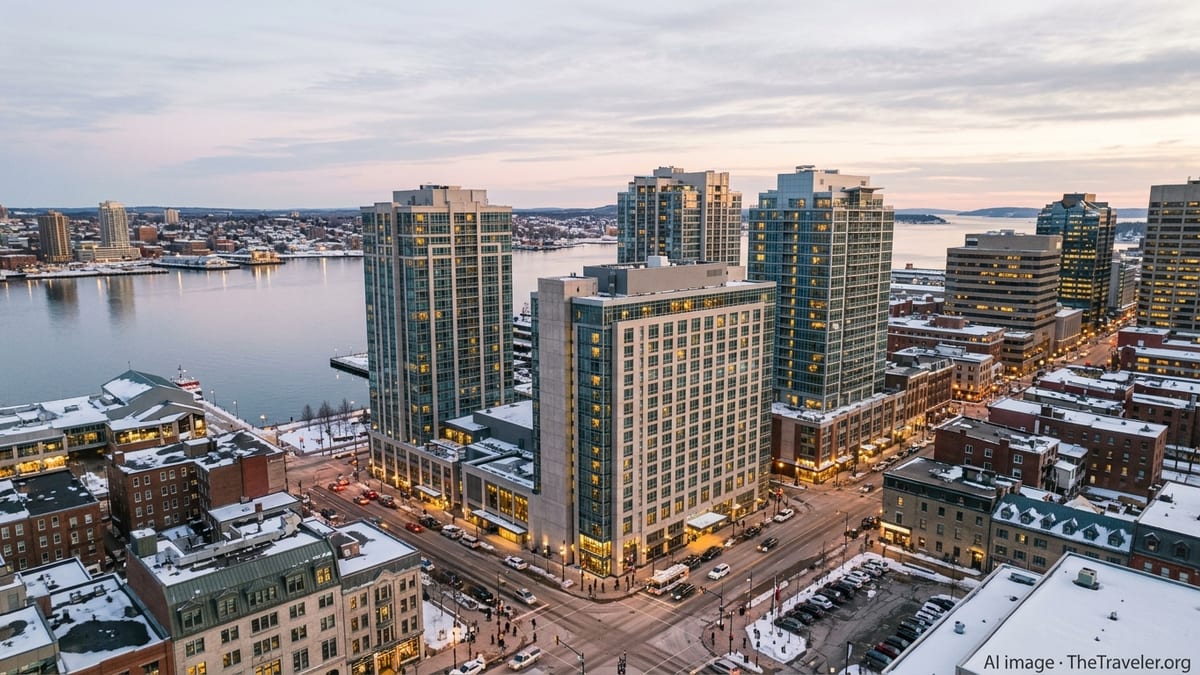 Aerial evening view of Canadian waterfront hotels with city skyline and soft winter light.