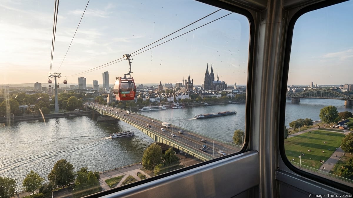 Cologne Cable Car ride over the Rhine with view of the city skyline.