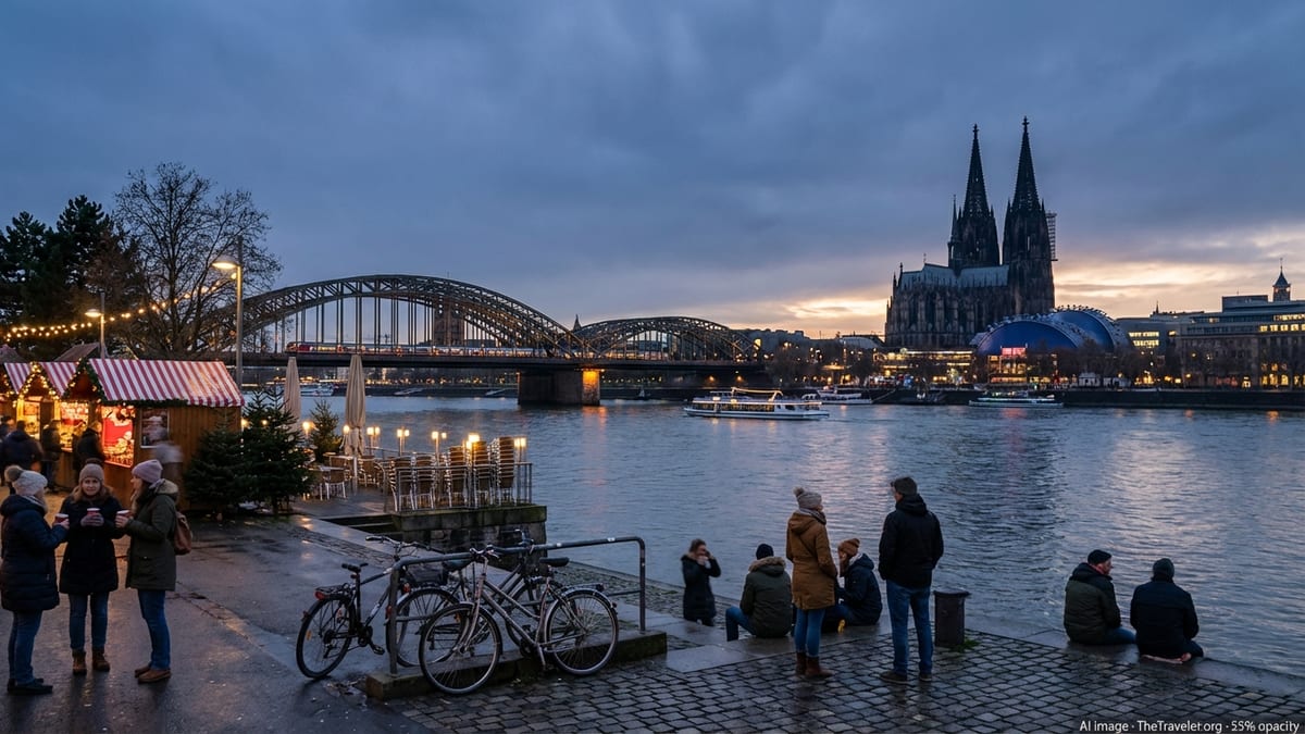Cologne Cathedral and Hohenzollern Bridge over Rhine River at blue hour. 