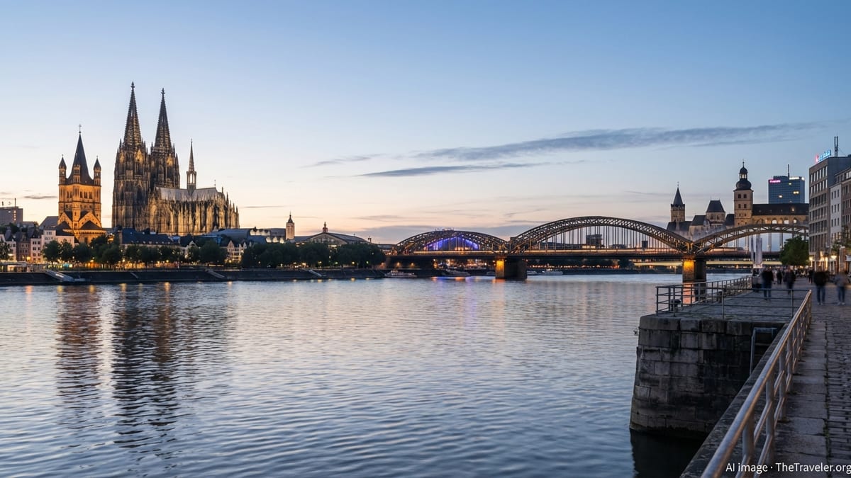 Cologne's skyline featuring the Cathedral and Hohenzollern Bridge at blue hour. 