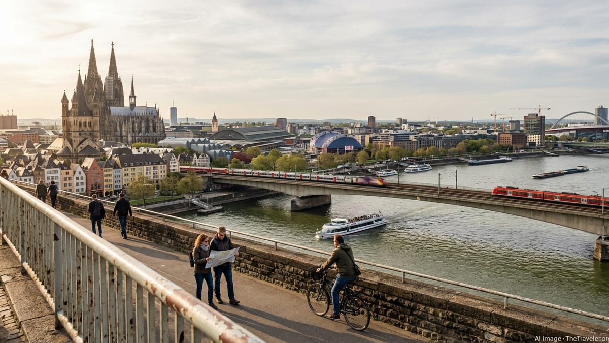 Late afternoon view of Cologne's cityscape, public transport, and Rhine River.