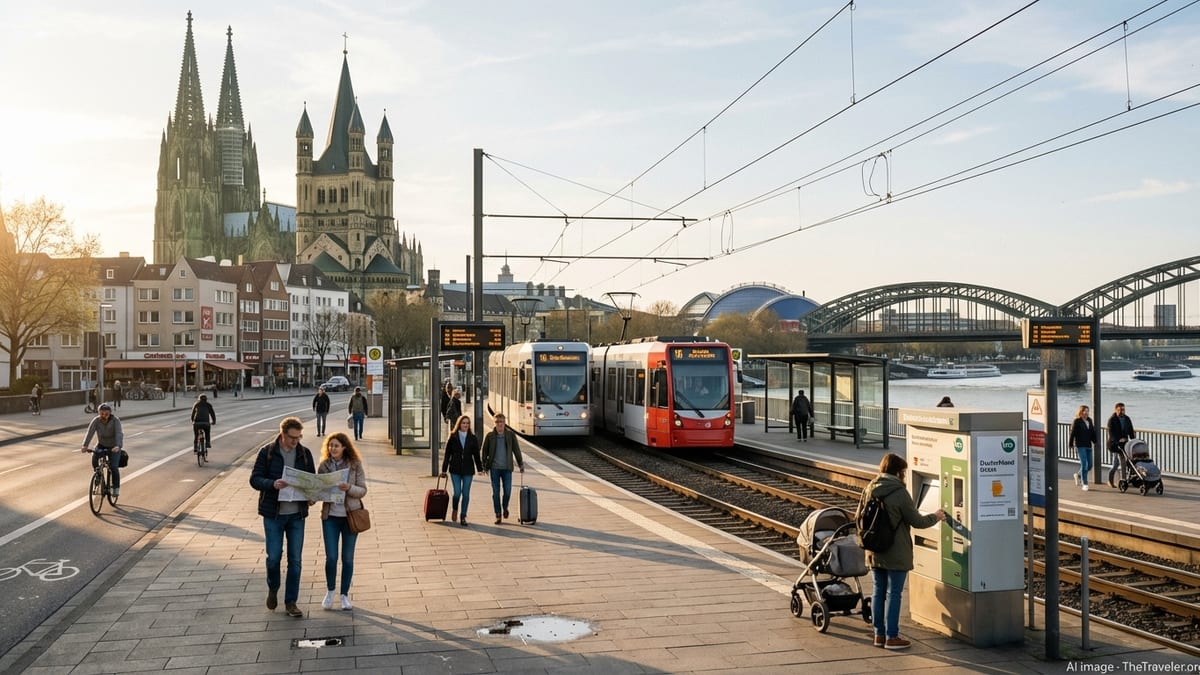 Early evening view of Cologne's historic center with pedestrians, trams, and cathedral.