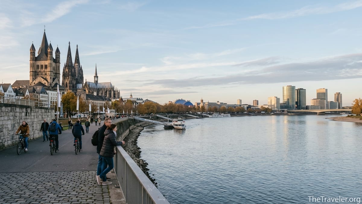 View along the Rhine contrasting Cologne’s cathedral skyline with Düsseldorf’s modern riverfront at sunset.