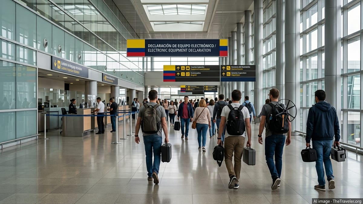 Travelers at Bogotá’s El Dorado Airport walking toward customs carrying drone cases.