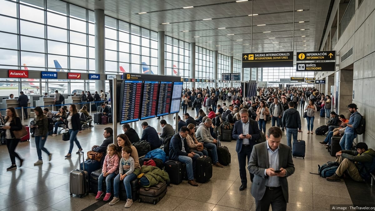 Crowded departures hall in Bogota airport with passengers waiting under a screen showing multiple flight cancellations.