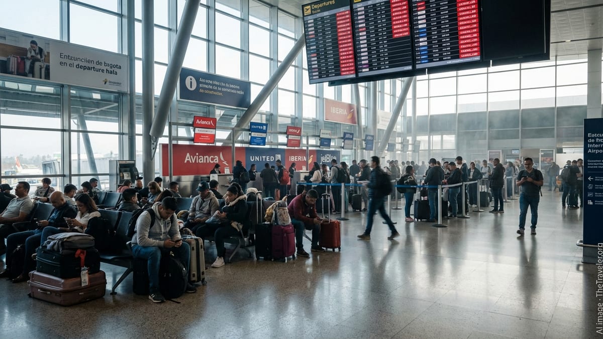 Stranded passengers queue and wait in a busy departure hall at Bogota airport.