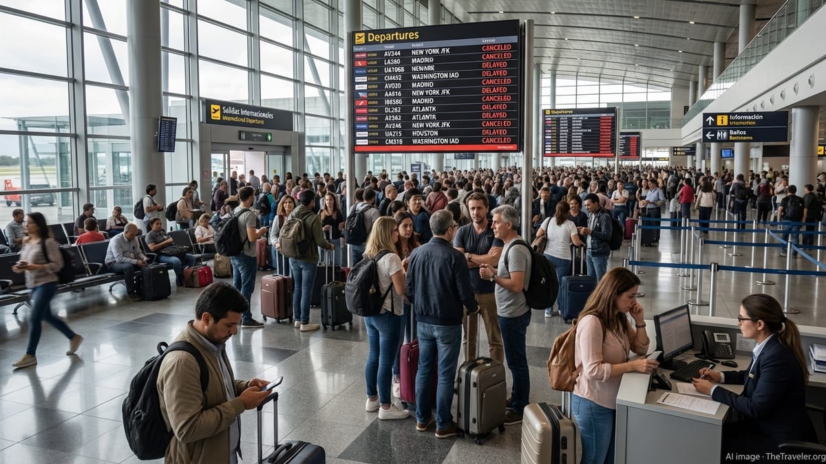 Crowded Bogotá airport hall as travelers watch a departures board filled with canceled international flights.