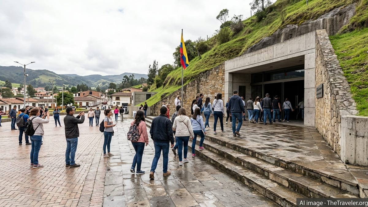Visitors approach the entrance of the Salt Cathedral of Zipaquirá beneath a green hillside in Colombia.