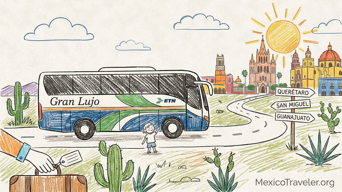 Traveler boarding a luxury bus in Mexico for a colonial route through Querétaro, San Miguel de Allende, and Guanajuato.
