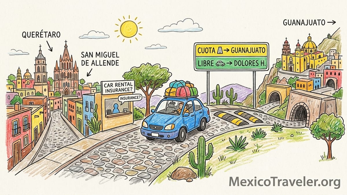 Compact rental car beside a cobblestone street in colonial Mexico near San Miguel de Allende at sunrise