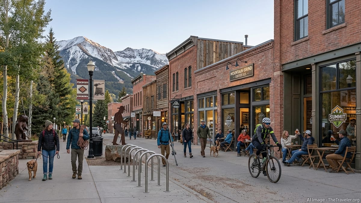 Colorado mountain town main street at golden hour with people, shops and Rocky Mountains in the background.