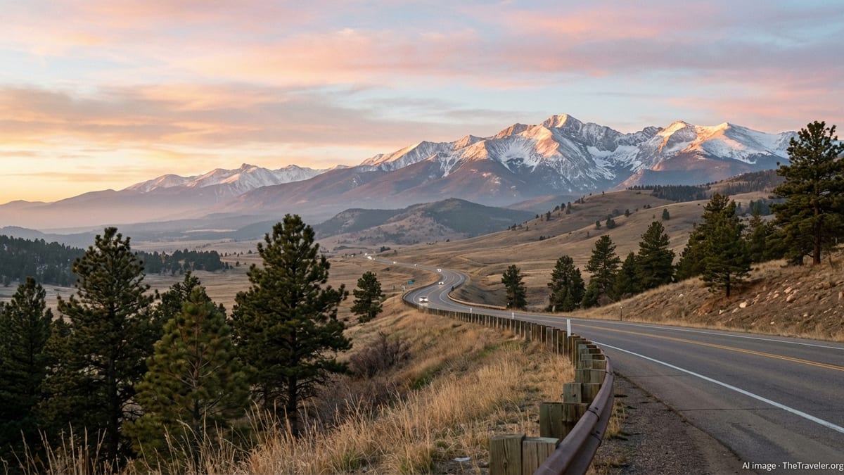 Sunrise over Colorado’s Front Range with a highway curving toward distant snowcapped mountains.