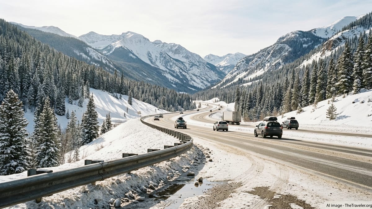 Winter traffic on Colorado’s I-70 winding through snow-covered Rocky Mountain peaks.