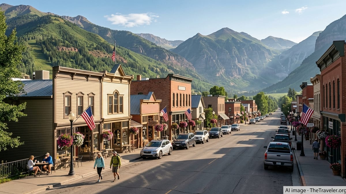 Summer morning view of a Colorado mountain main street with distant green peaks.
