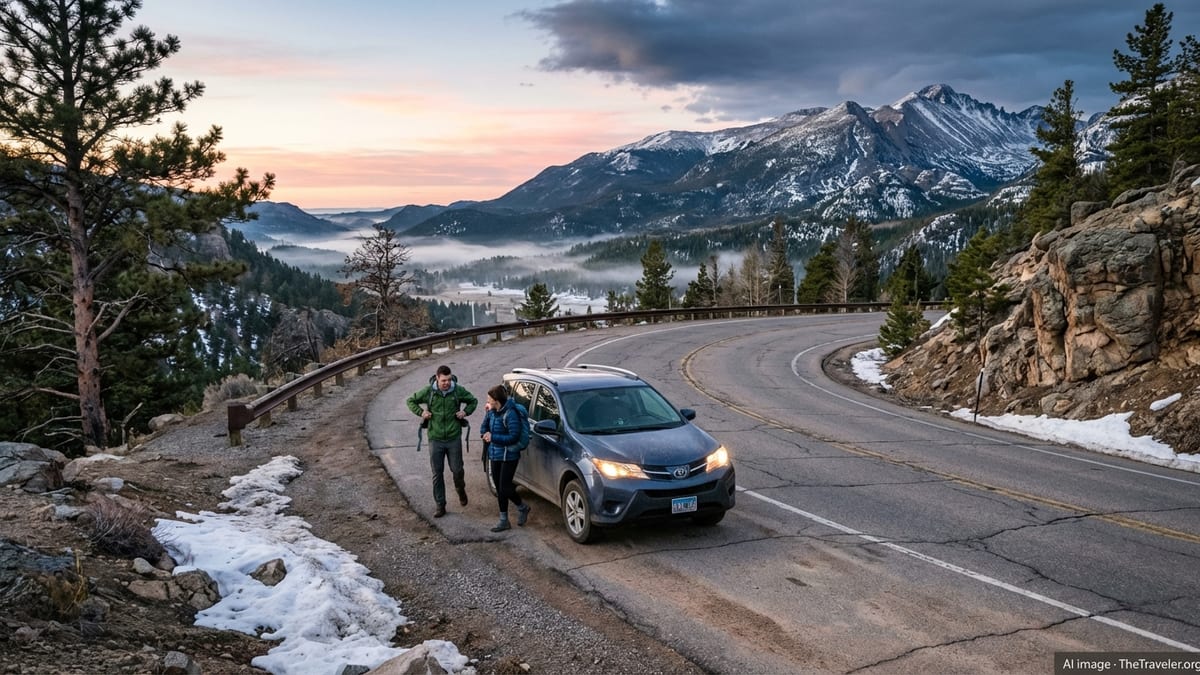 Tourists step from a car on a winding Colorado mountain road at sunrise with peaks in the distance.