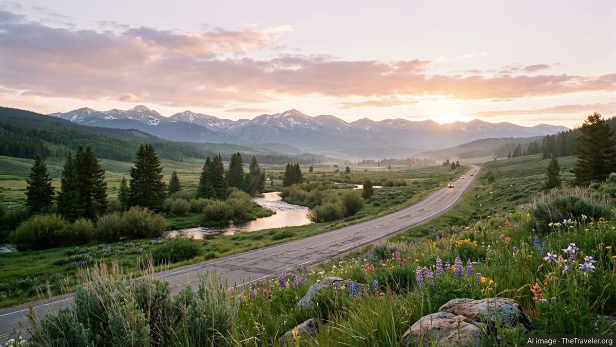 Sunrise over a Colorado mountain valley with snowcapped peaks, river, and winding road.