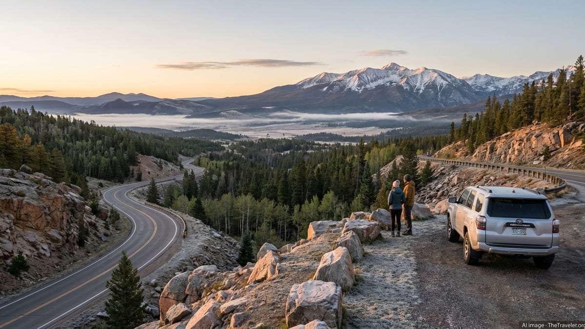 Travelers overlooking a Colorado mountain highway at sunrise with distant snow-capped peaks.
