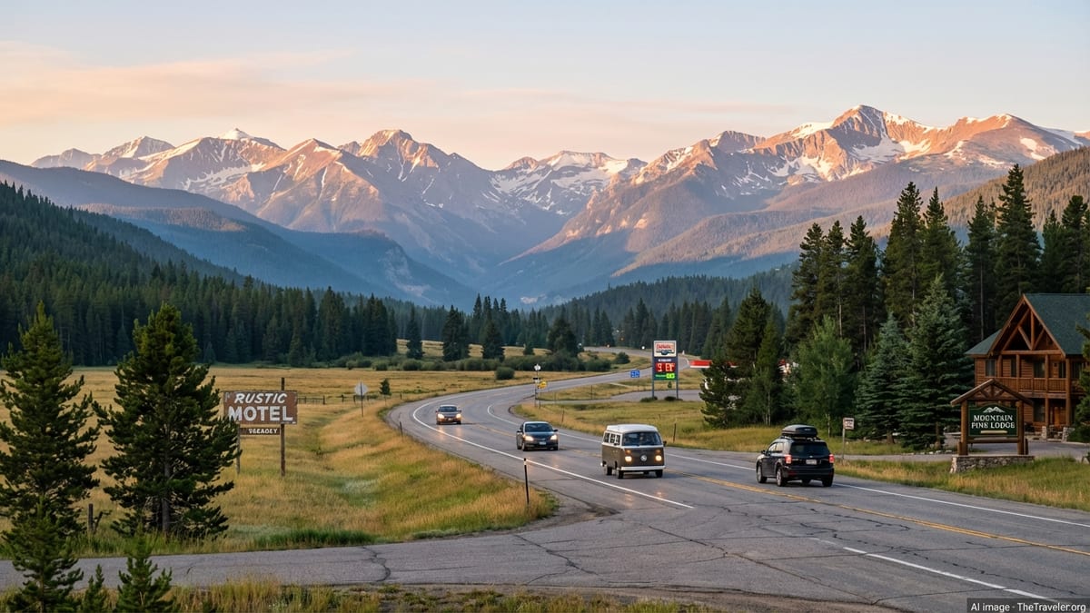 Curving highway through a Colorado valley at sunrise with snow capped peaks and small town below.