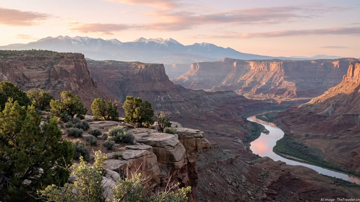 Sunrise view of snow-capped Colorado peaks fading into Utah-style red-rock canyons under a soft pastel sky.